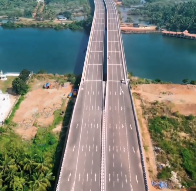 Thalassery Mahe Bypass; NH 66; Kerala; India; uasatish; road travel; India; drone view;