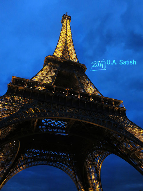 Eiffel Tower; Paris; uasatish; https://uasatish.com; outdoor; illuminated; night sky;