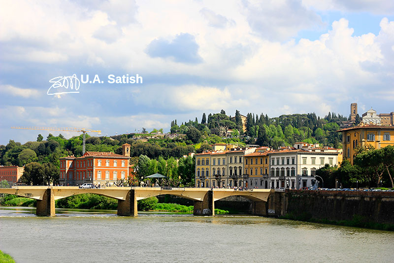 General Observations on Italy; River Arno; bridge; Florence; Italy; water; sky; clouds; buildings; uasatish; outdoor;