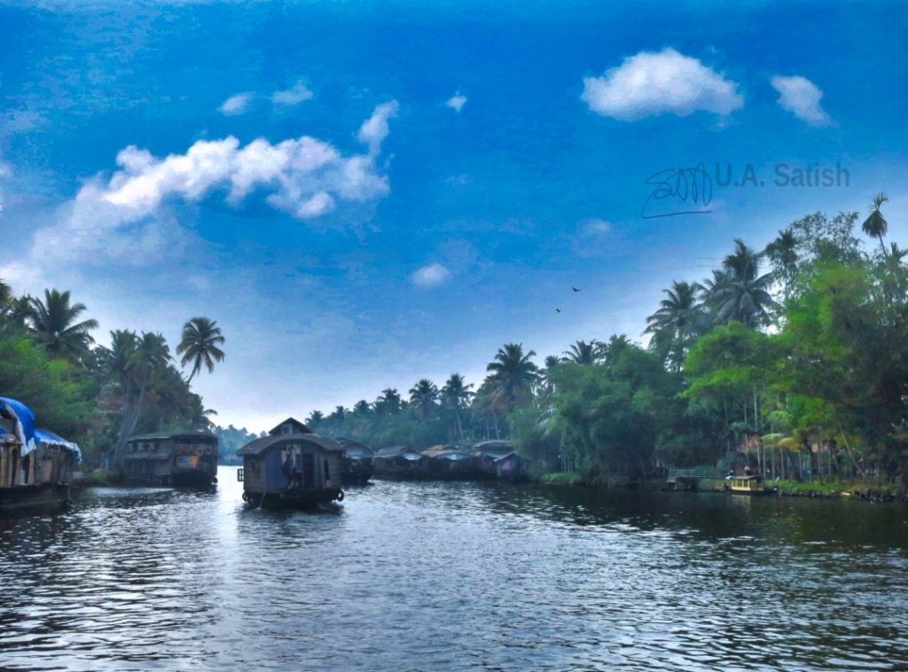 Tree Lined Canal; Alappuzha Houseboat Cruise; Alappuzha; uasatish; sky; clouds; trees;