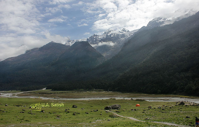 Yumthang; valley; Sikkim; India; stream; mountains; trees; sky; clouds; rocks; uasatish;