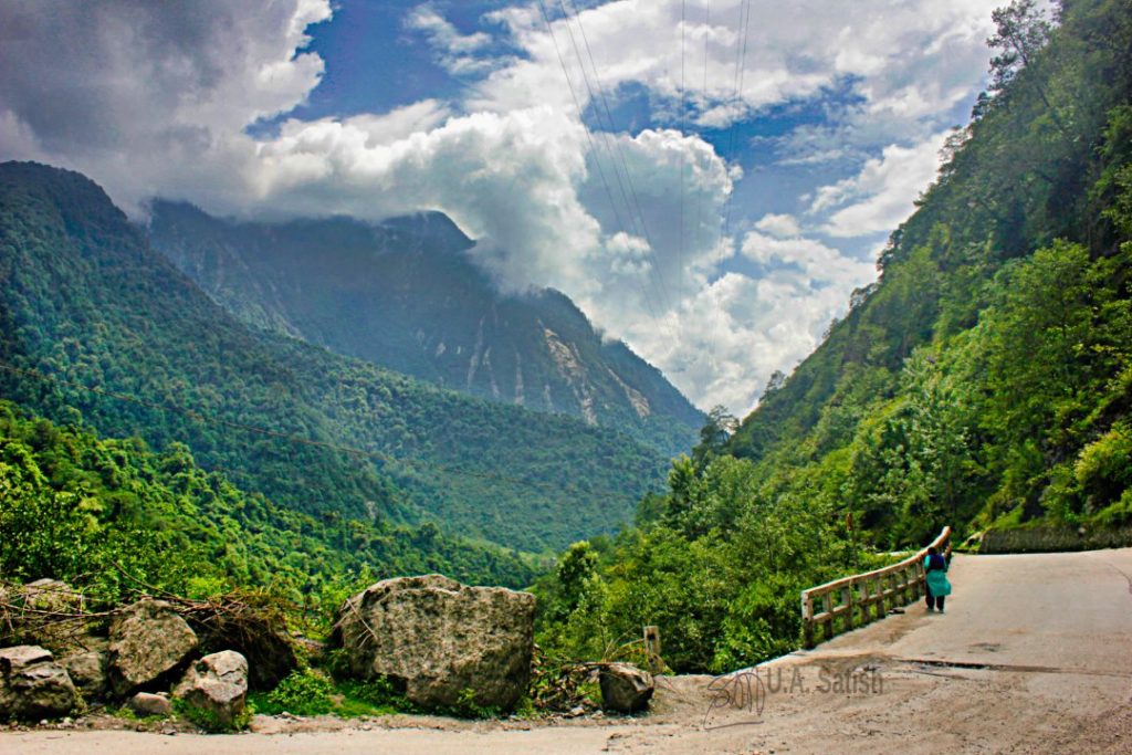 Mountain Road; Sikkim; uasatish; clouds; trees; sky;