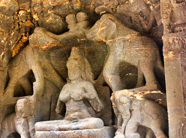 Gajalakshmi with Four Elephants; sculpture; Ellora Caves; uasatish;
