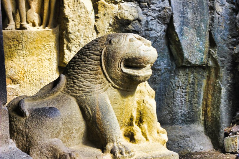 Stone Lion; rock sculpture; Ellora; Aurangabad; India; uasatish;