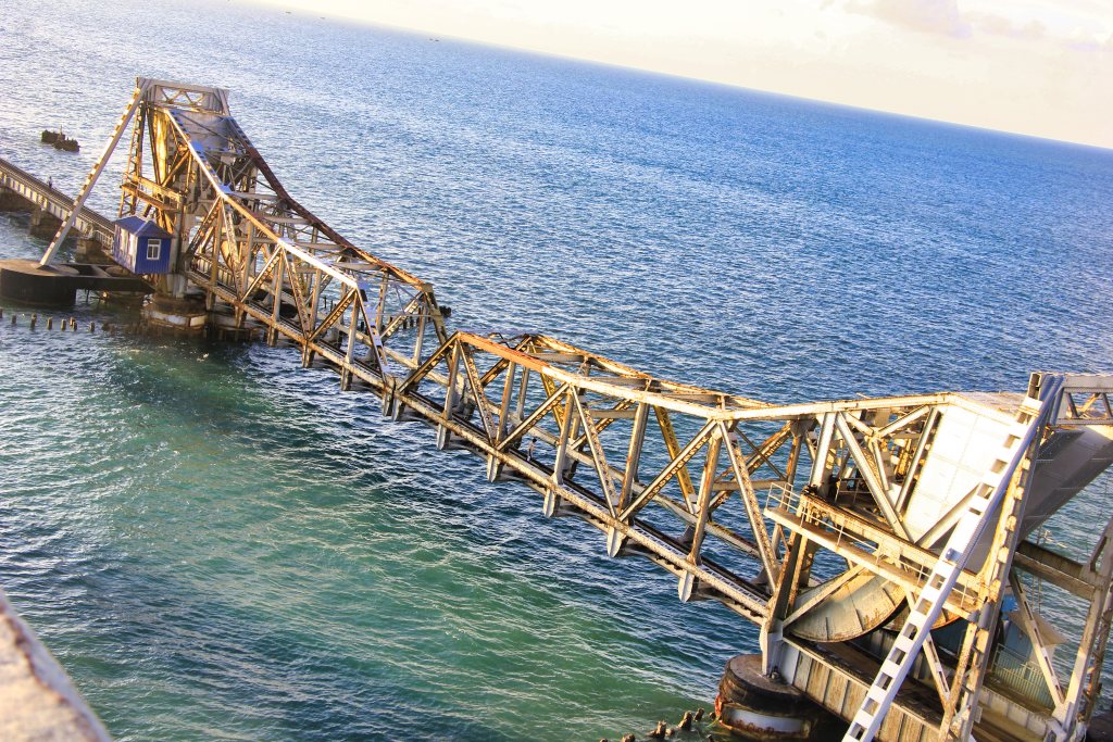 lifting spans; Pamban Bridge; India; uasatish; sea; Palk Strait;