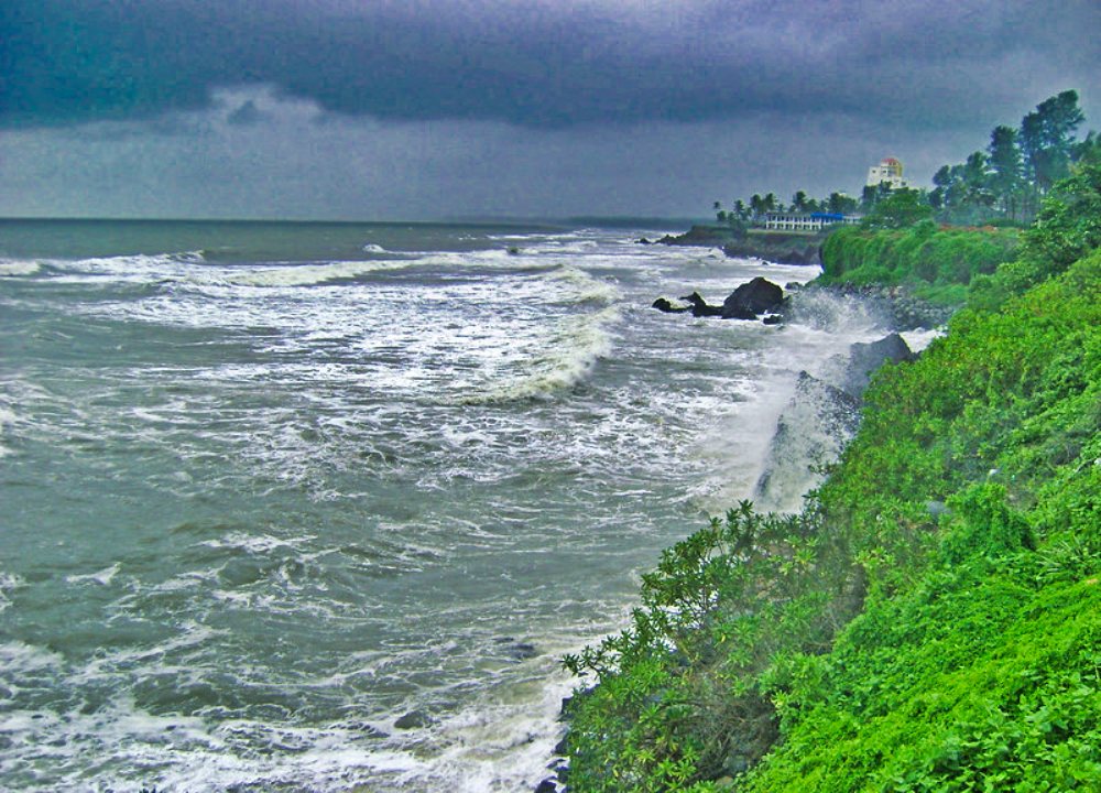 high waves; cliff; rain clouds; rocks; Kannur; uasatish; Kerala;